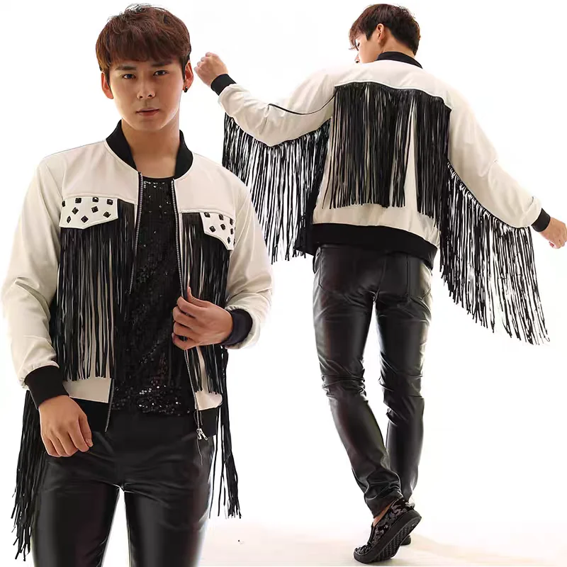 Bar concierto cantante masculina cremallera borla chaqueta de cuero negro blanco imitación cuero flecos abrigo para baterista escenario traje de baile de Jazz