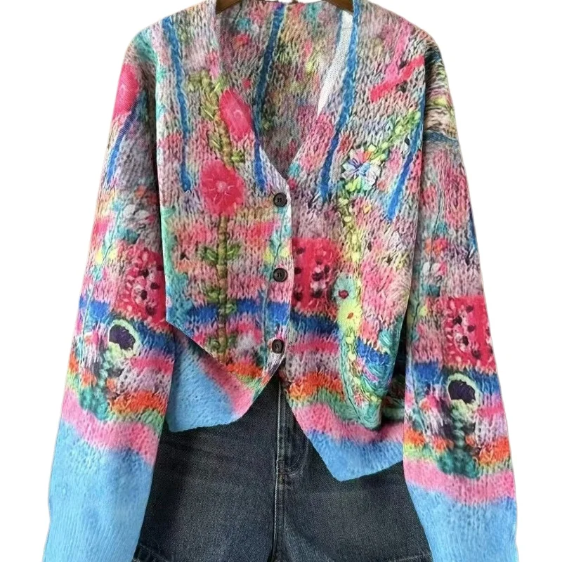 Colorful Patchwork Knitted Cardigan Is A Slimming and Versatile Bestseller European American Style Both Stylish and Versatile