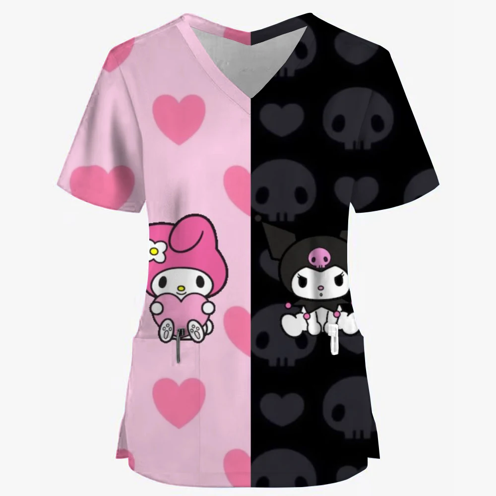 Kuromi Sanrio Hello Kitty Pocket Woman Clothing Summer Cartoon Women T-shirts T-shirt Nurse Uniform V Neck 3D Print Hospital New