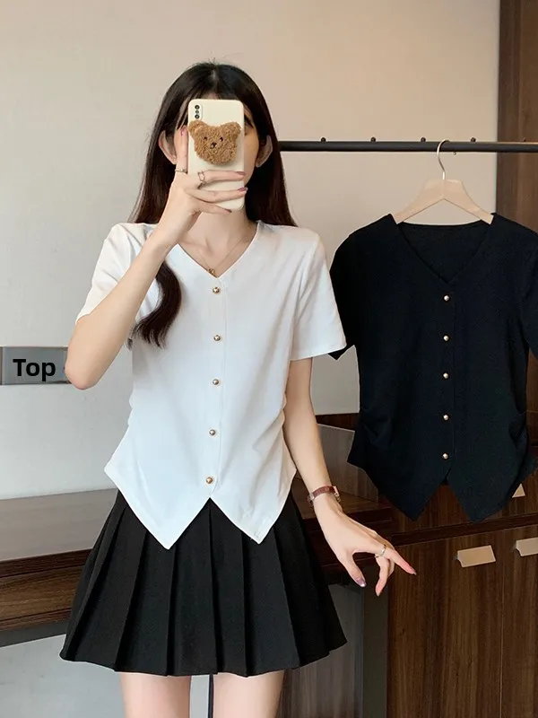 

Summer New plus Size Casual V-Neck Irregular T-Shirt Fashionable Simple Short Sleeve Waist-Cinched Meat-Covering Top for Women