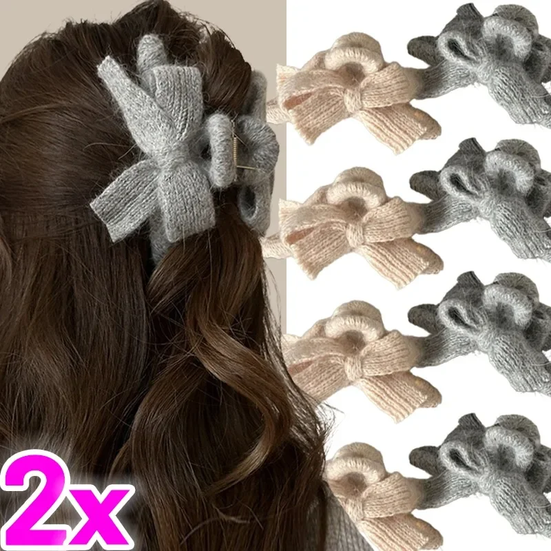 1/2Pcs Sweet Knitted Bowknot Hair Claws Women Plush Hair Crabs Large Shark Hairclips Girls Handmade Weave Hair Accessories