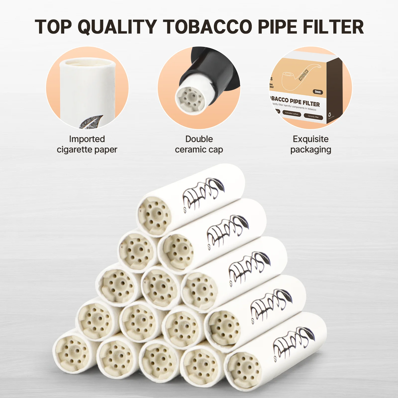 Scotte Pipe Filters 9mm Activated Carbon Tobacco Pipe Filter with Dual Ceramic Cap 100 pcs Filter Core for Pipe Smoking