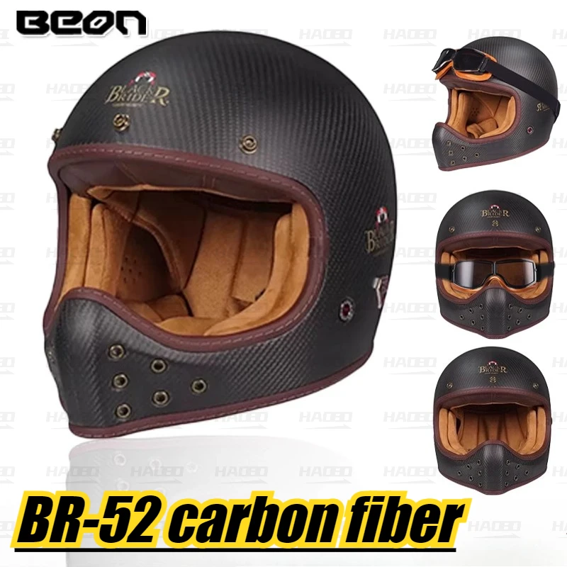 

BEON BR-52 Glassfiber Vintage Motorcycle Full Face Vintage Helmets Motocross Professional Carbon Fiber Helmets DOT ECE Approval