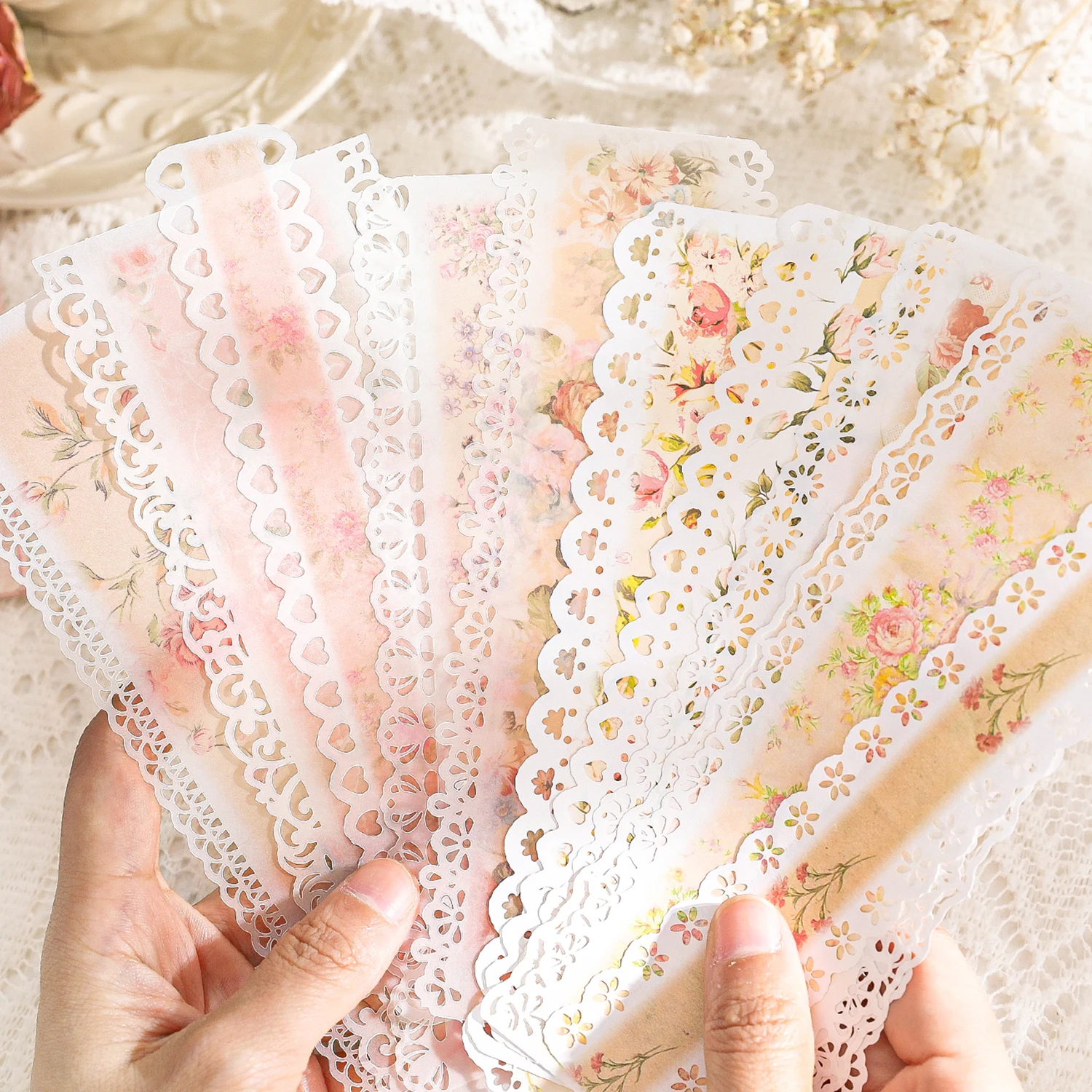 TIANZI 10 pcs Vintage Strip Lace Flowers Background paper Decorative Retro pose DIY Creative Collage Material Set Aesthetics