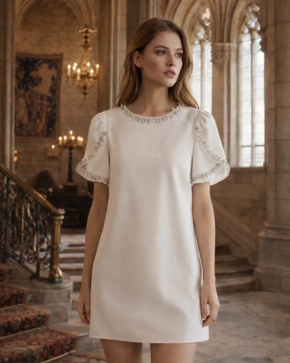 Customized High Quality Simple Jersey Rhinestone Pleat A-Line Evening Dresses Formal O-Neck Short Sleeves Knee Length Dresses