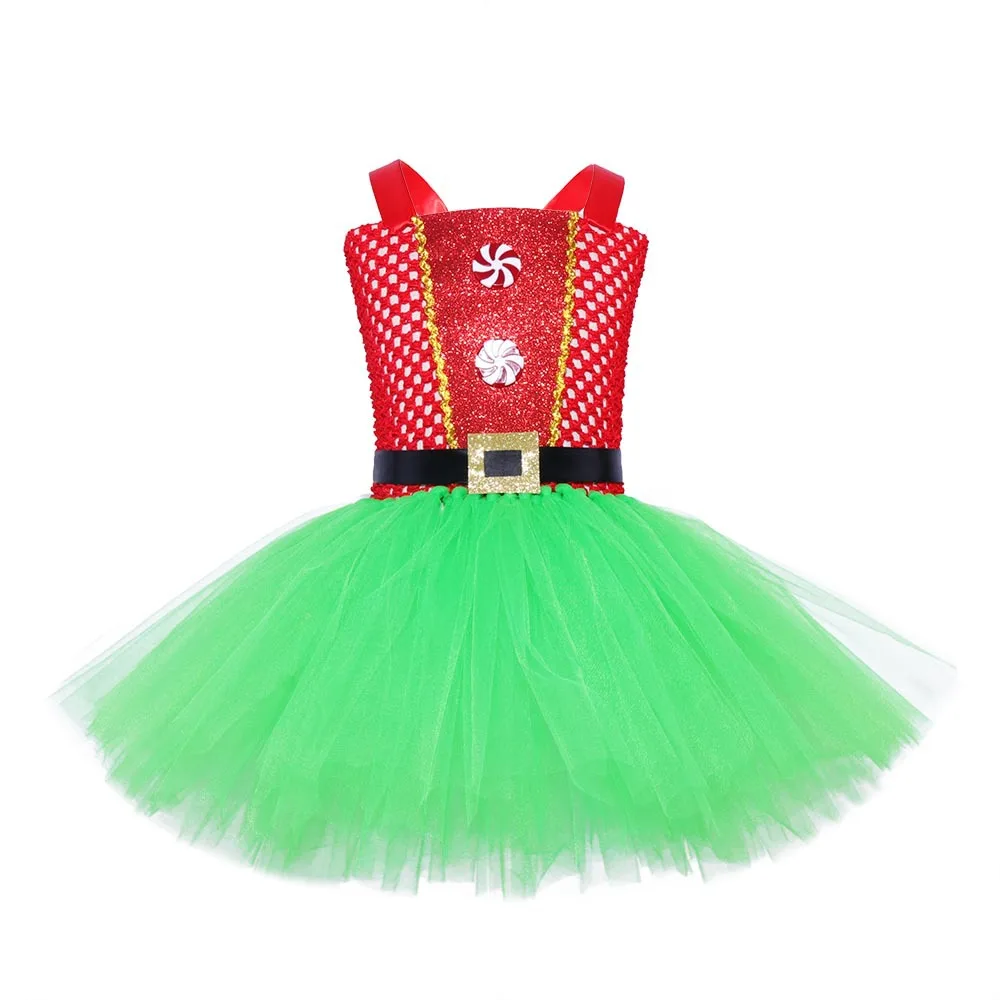 Girls Fancy Christmas Elf Costume Baby Birthday Party Stage Performance Costume Red Green Mesh Tutu Dress Kids Cosplay Costumes