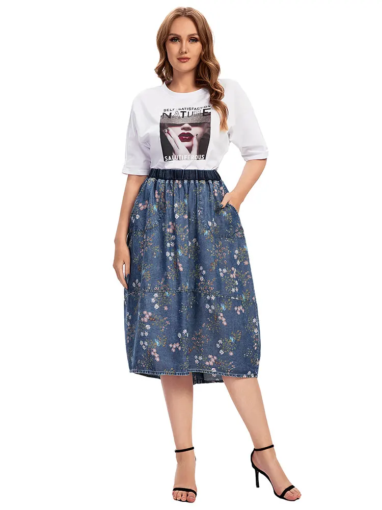 Saia jeans casual feminina plus size cintura alta linha na altura do joelho azul vintage saias largas para mulheres plus size