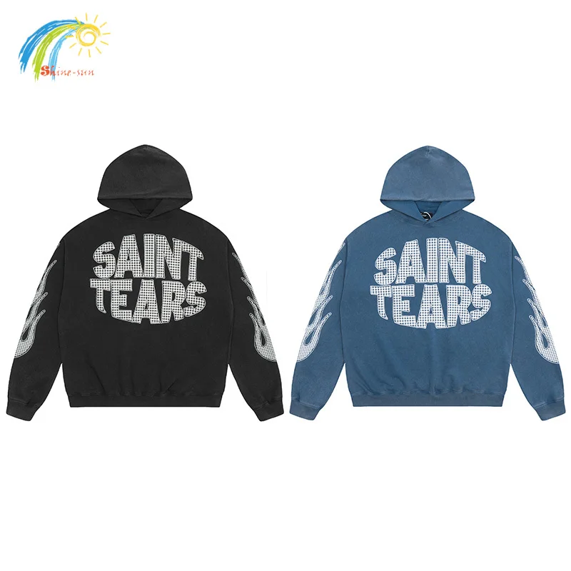 

Classic Letters Logo Print Saint Tears Hoodie Men Women Vintage Washed Black Blue Pullovers High Quality Oversized Hooded