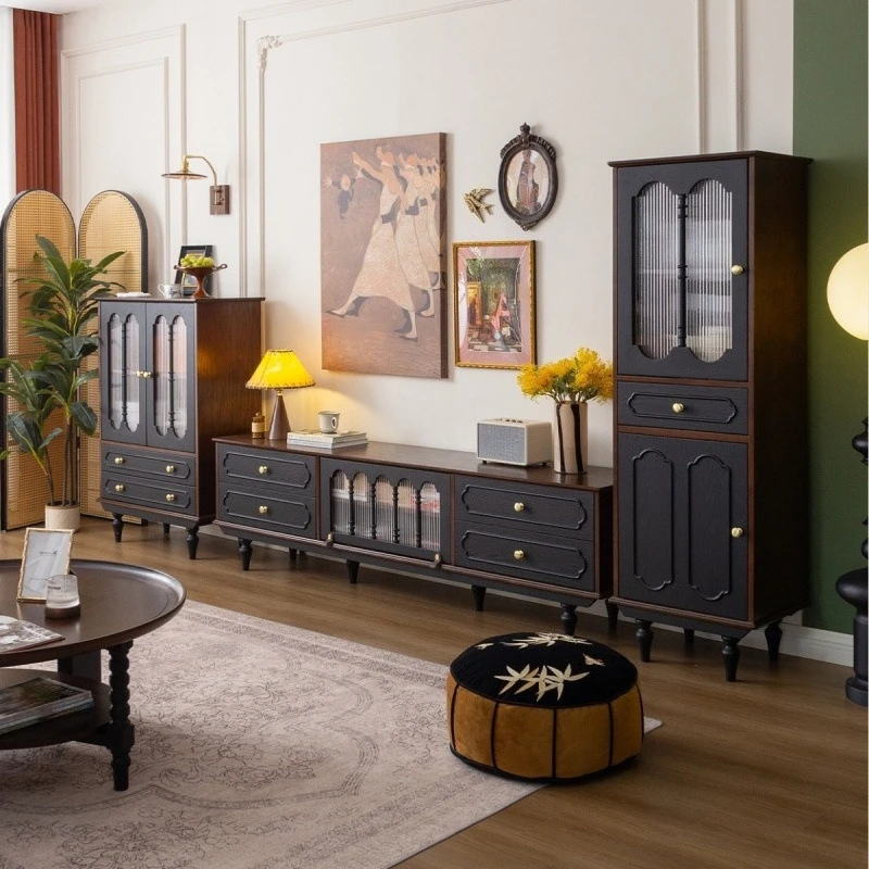 wine cabinet, living room double door glass door locker, household side cabinet, European retro cabinet against the wall