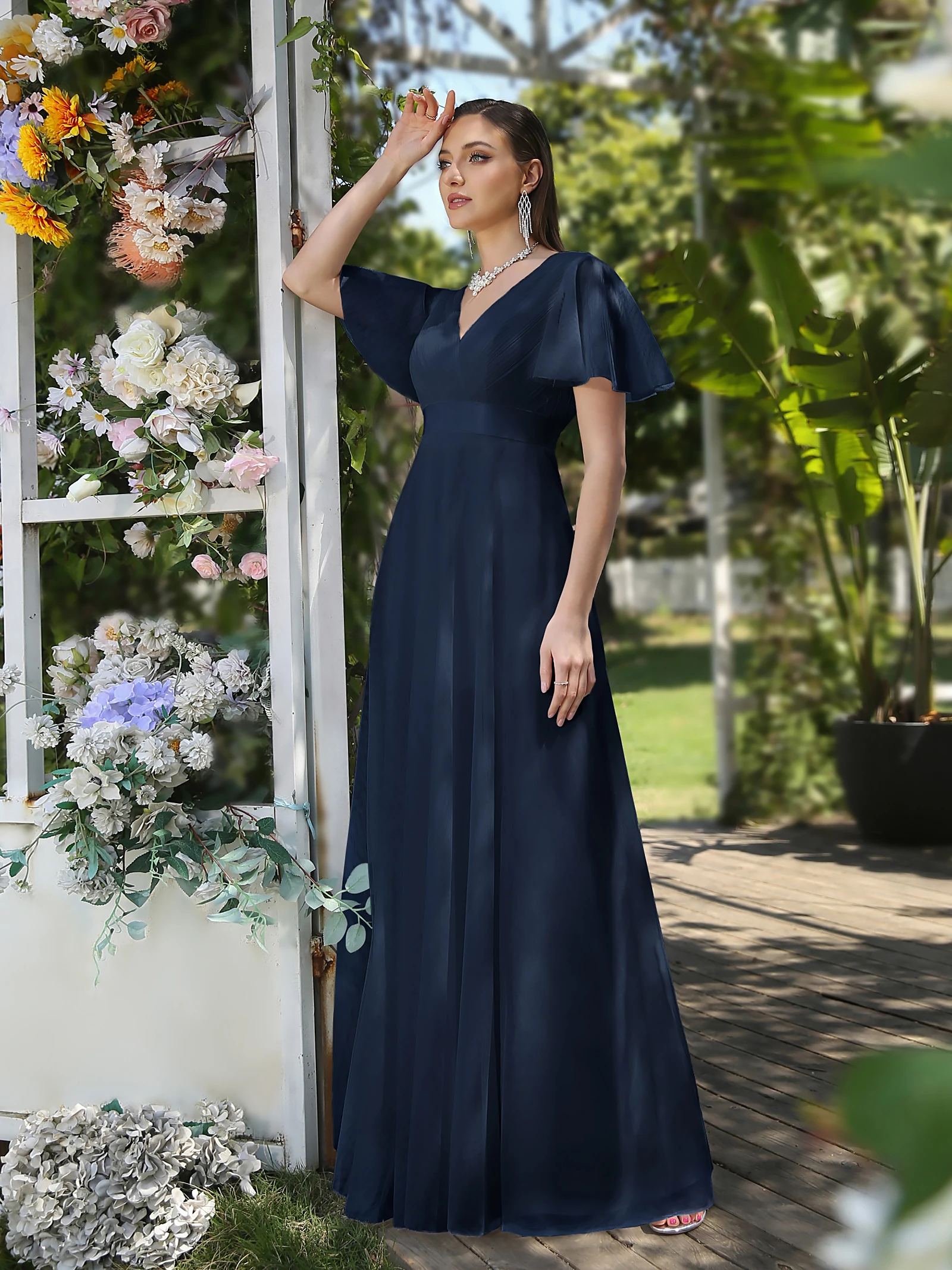 Eleganti abiti da sera impero con volant in tulle maniche corte scollo a V abiti da ballo senza schienale abito da sposa da sposa a-line fino al pavimento