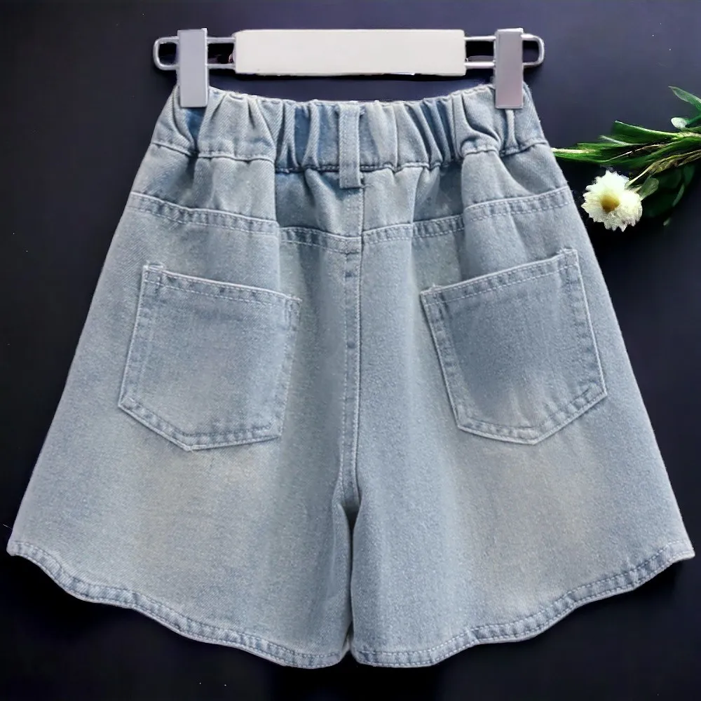 Pakaian anak perempuan remaja musim panas setelan baju gambar kucing & celana pendek Denim 2 potong Set kostum bayi anak-anak Tracksut Sekolah 6 8 9 10 12 tahun