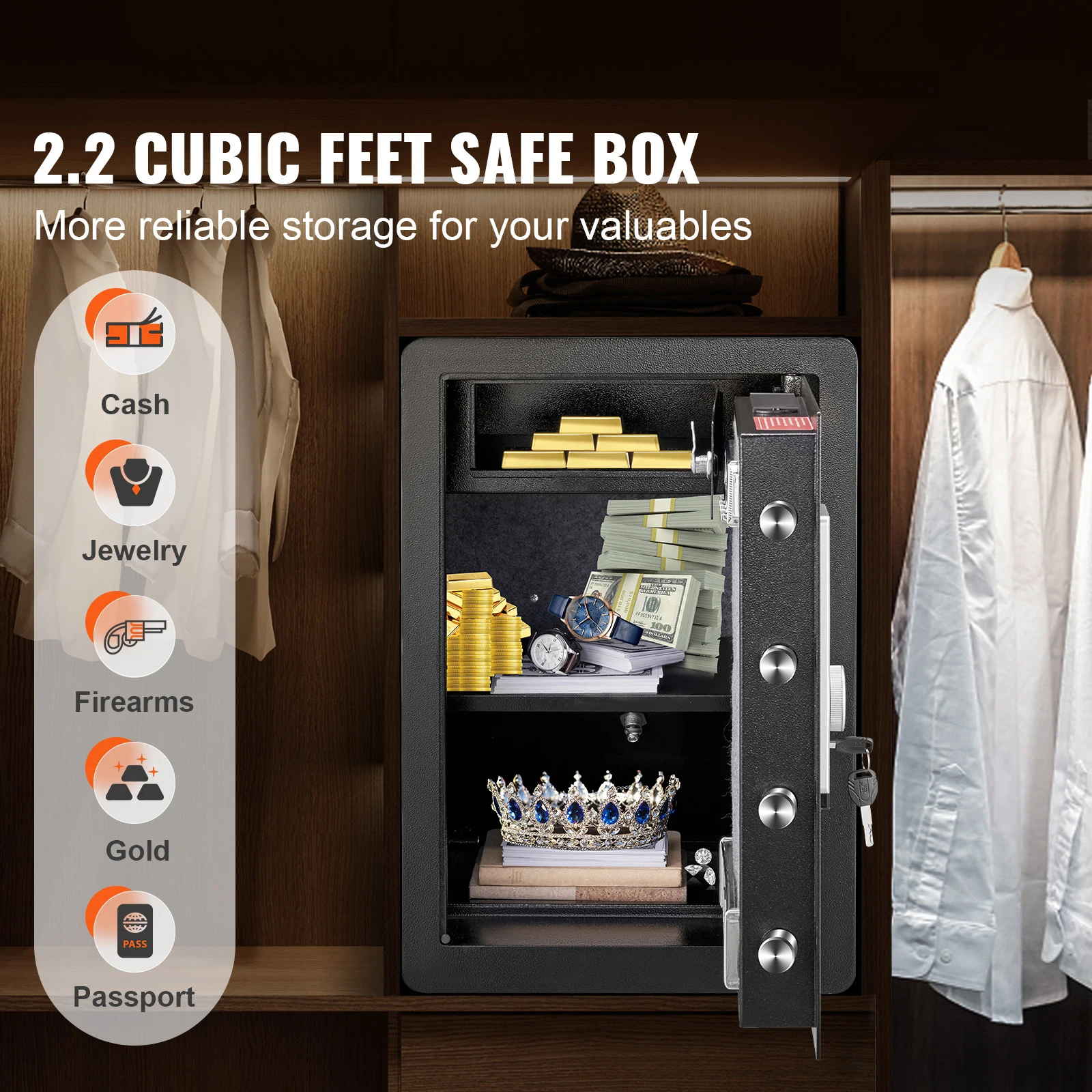 VEVOR Electric Safe 2.2/1.8 Cubic Feet Fingerprint & Digital Security Cabinet Safe W/ Fire-proof Bag for Jewelry Documents