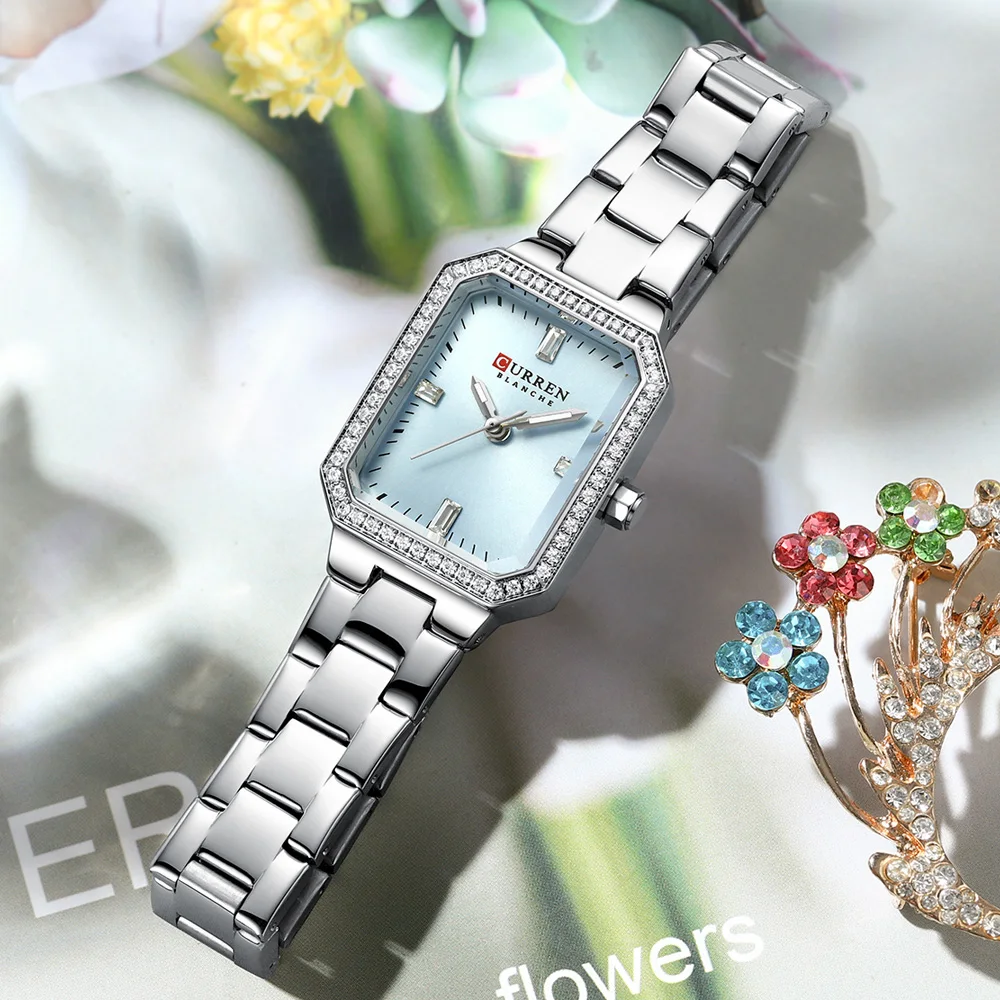 CURREN Luxury Brand Watches for Women Simple Rectangular Dial with Sparkling Rhinestones Casual Quartz Wristwatch with Luminous