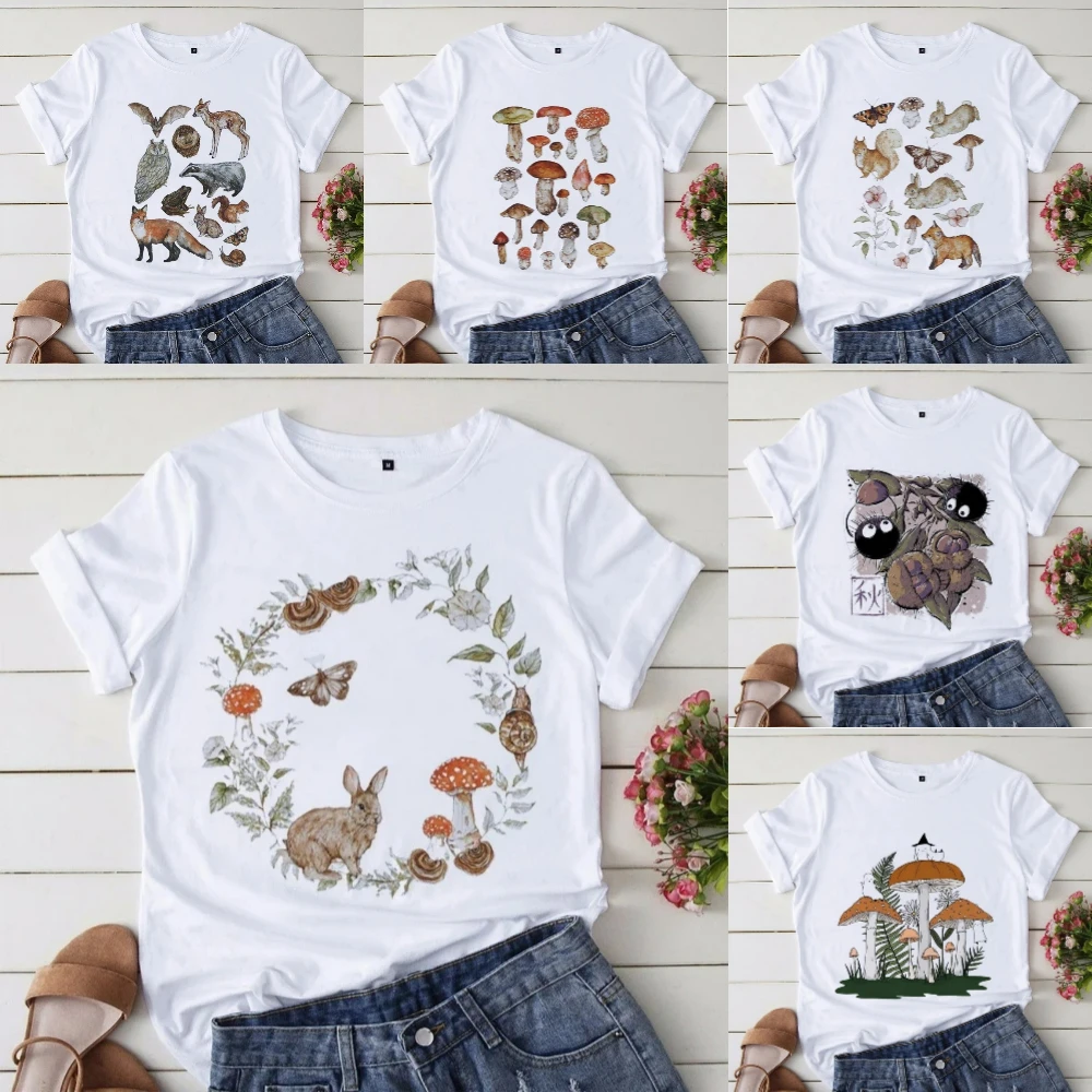 

Сказочная женская футболка с грибами и насекомыми, акварельная футболка с лесными животными, повседневная футболка большого размера, повседневная уличная одежда для любителей природы