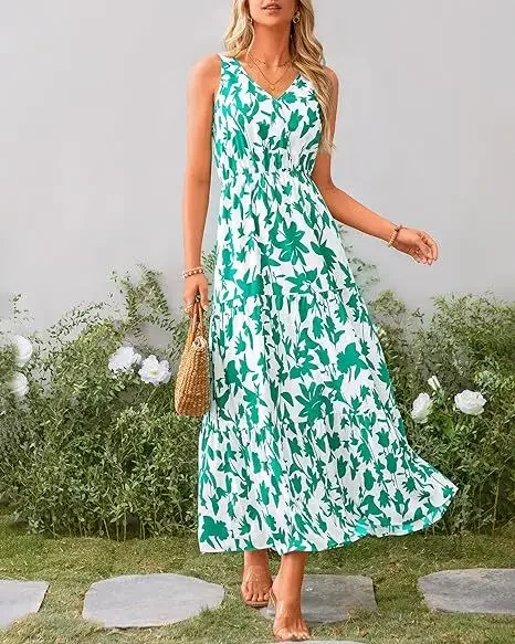 Women Floral Pattern Long Dress Sexy Sleeveless V-neck Print Dress New Summer Casual Vacation Boho Beach Maxi Dress Lady Vestido