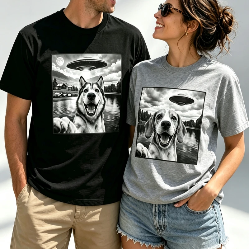 Couple Matching T Shirts Husky Beagle UFO Selfie Graphic Tees Men Women Casual Short Sleeve Funny Dog Alien Space Cotton Tops