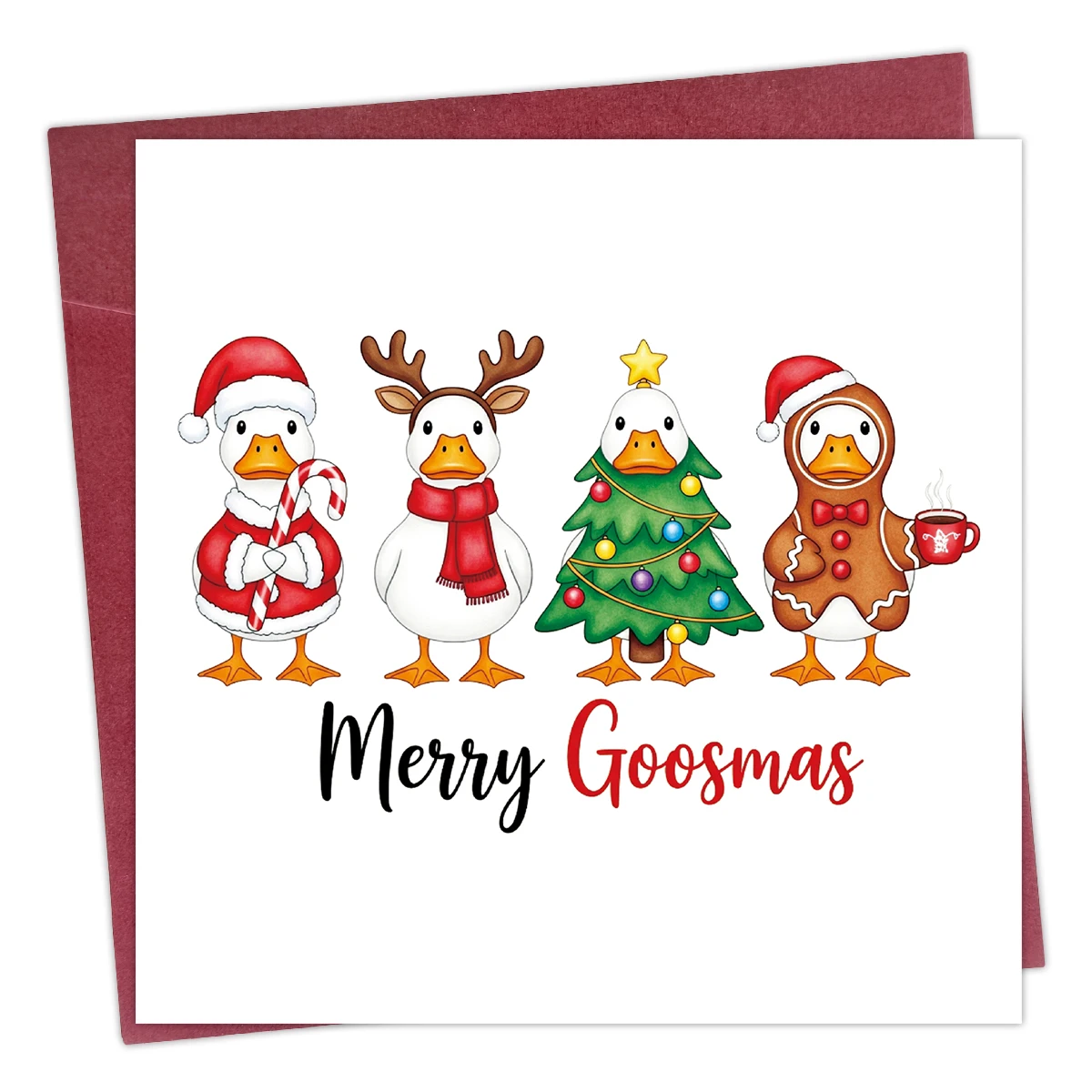 1 Stück ​   Merry Goosmas Weihnachtsgrußkarte mit Umschlag-Ente (Weihnachtsmann, Rentier, Baum und Lebkuchen), Weihnachtswunsch, Geschenk für Freunde und Familie
