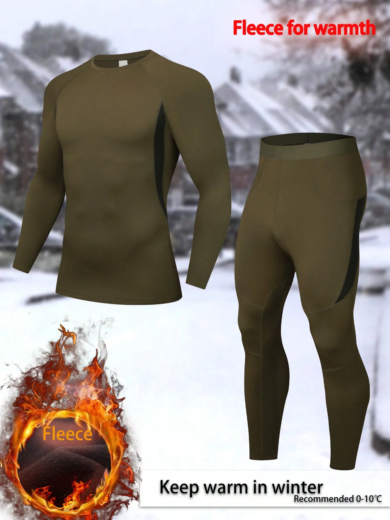 

Olive Green Fleece Thermal Base Layer Set for Men - Long Sleeve Top & Pants for Winter Warmth