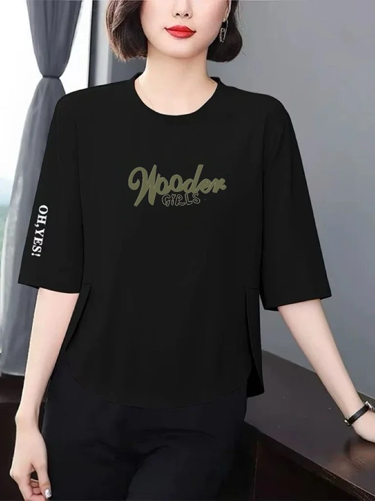 

Elegant Mom Printed Half Sleeve T-Shirt Women Summer Loose Slimming Belly Covering Versatile Age-Defying Middle-Aged Top
