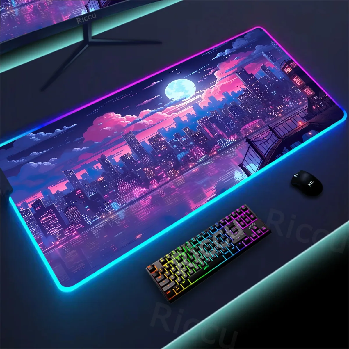 RGB Retro Mousepad Neon Tokyo Street Pixel Art Purple Japanese Anime Skyline city Desk Mat LED Gaming Mouse Pad Multip Accessory