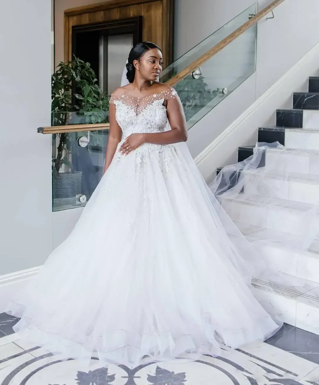 Customized Plus Size African Wedding Dresses A Line Off The Shoulder Pearls Crystal Beading Designer Bridal Gowns