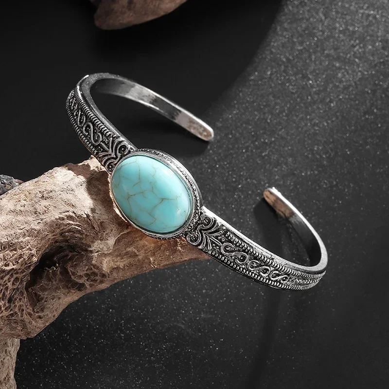 Vintage Blue Amber Stone Open Adjustable Bracelet for Men Women Fashion Cuff Bracelet Casual Jewelry Gift