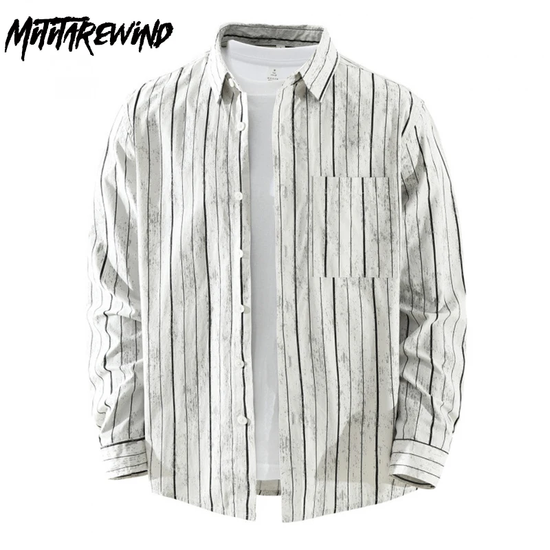 

Японская модная мужская полосатая рубашка с длинным рукавом, новая весенняя мужская одежда, рубашки с принтом на лацканах и карманом, удобный топ из чистого хлопка
