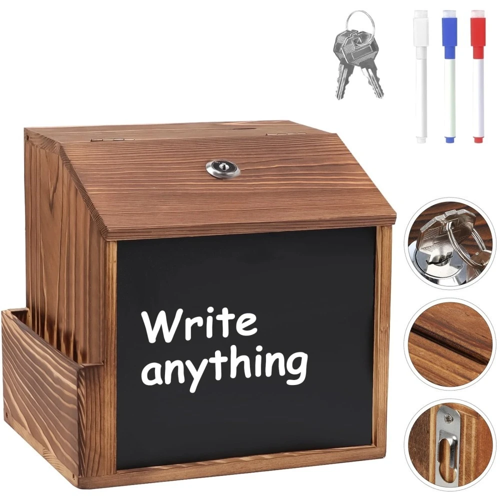 Boîte à suggestions en bois à fixer au mur, urne de vote, boîte de collecte de fonds vintage avec fente, serrure, tableau noir, multifonctionnelle pour les mariages à l'église