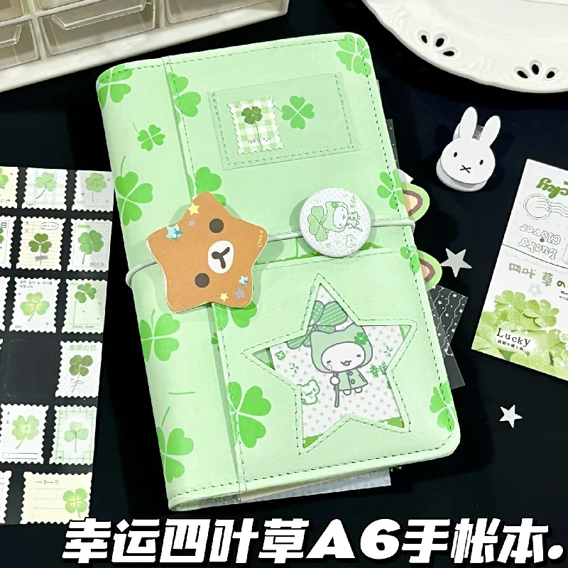 Korean Style Four Leaf Clover A6 PU Leather Loose Leaf Notebook Journal Planner for Students Stationery