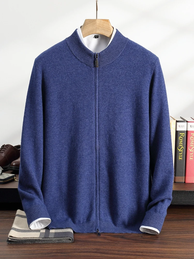 

TLOML Men's 100% Cashmere Sweater Mock Neck Zipper Cardigan Coat Autumn Winter Basic Smart Casual Style Cashmere Knitwear Tops