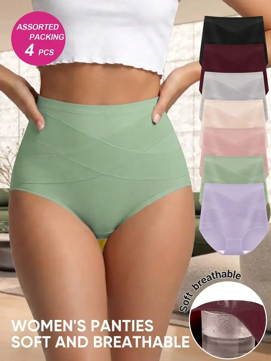 

4pcs Women High Waist Soft Breathable Solid Color Panties Comfortable Shaping Briefs
