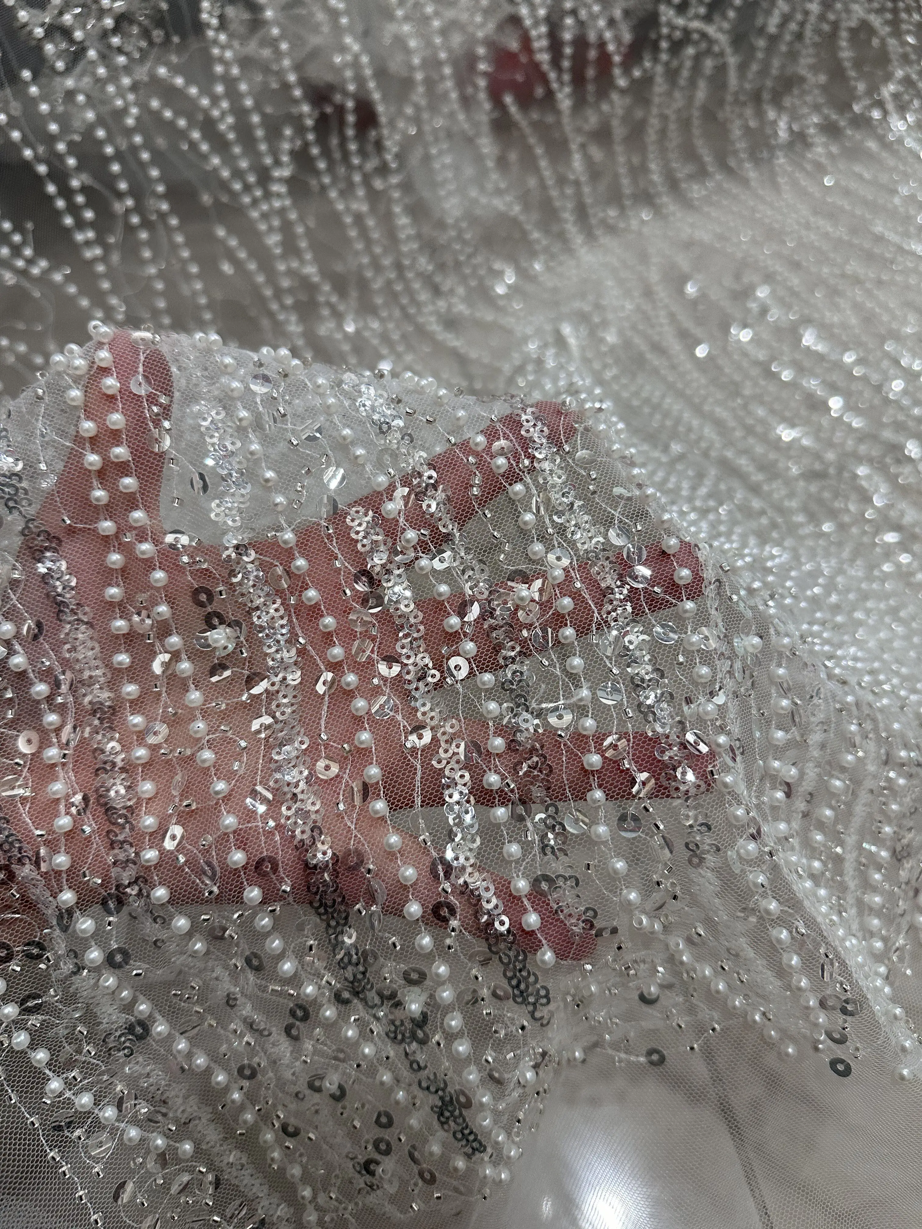 Pearl Sequined Striped Embroidery Dress Draping Fabric for Wedding Designer Fabric