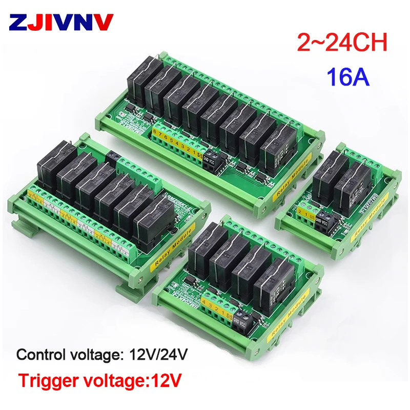 2CH-24CH DIN-Rail Optocoupler Isolated Pluggable Relay Module Contact Capacity Maximum 16A Control:12V/24V Trigger Signal:12V