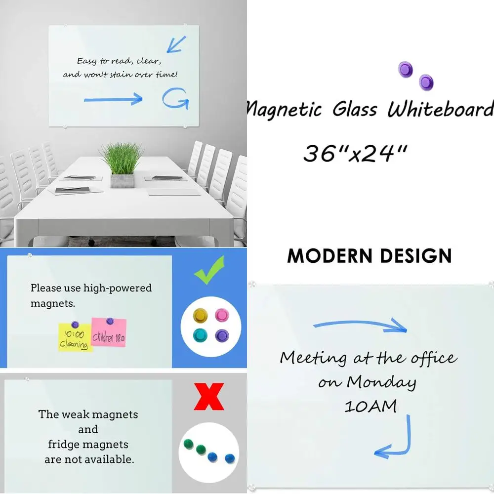 سبورة بيضاء زجاجية مغناطيسية بإطار من الألومنيوم، 36 × 24، مع صينية وأقلام تحديد وممحاة ومغناطيس