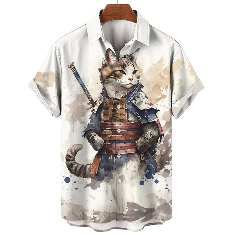 Vintage Cat swordsman 3D Printed Shirts For Men Clothes Funny Animal Graphic Blouses Casual Mens Lapel Blouse Summer Button Tops