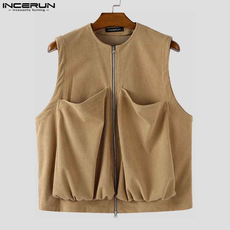

INCERUN Men Vests Solid Color Sleeveless Zipper Casual Male Waistcoats Streetwear Loose 2025 Pockets Fashion Corduroy Vests Men