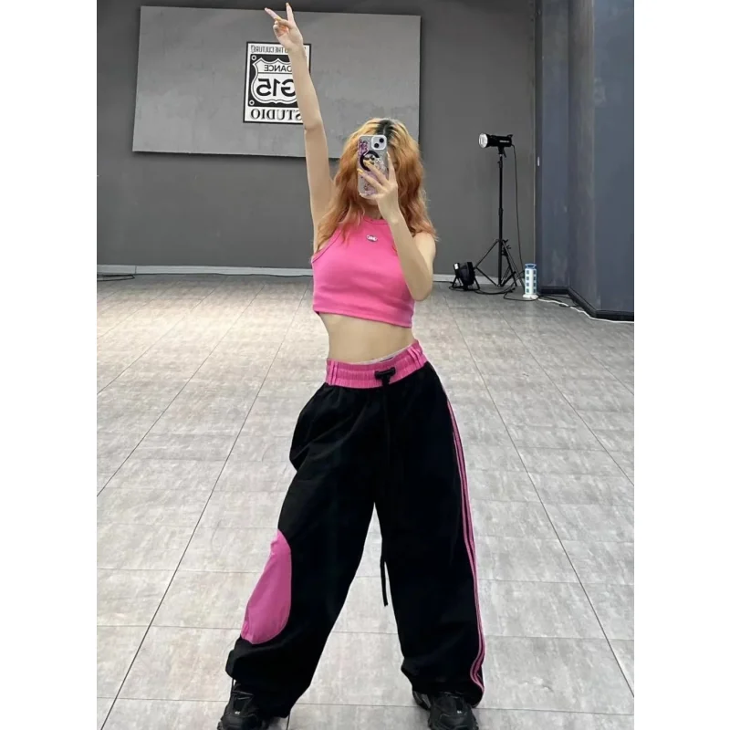 Women Black Cargo Pants Streetwear High Waist Wide Leg Pants Contrasting Colors Vintage Female 2024 NEW Autumn Straight Trousers