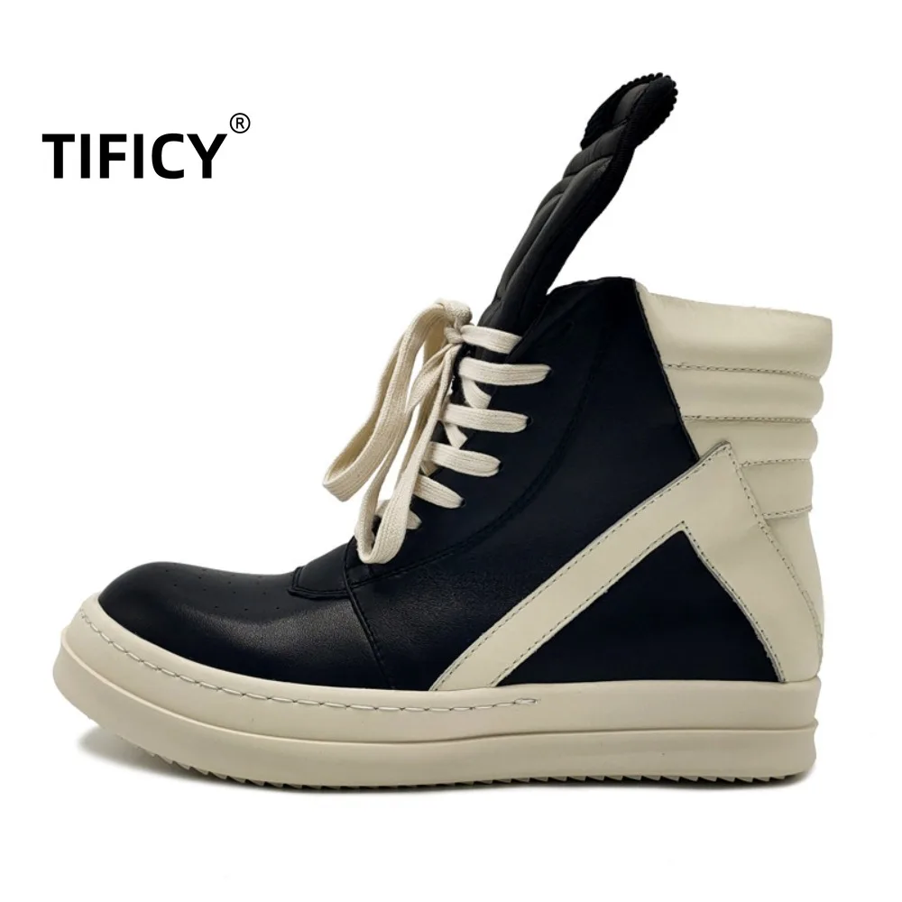 

New Autumn and Winter Men's High Top Shoes Black and White Large Inverted Triangle Shoes Cowhide Large Size 48 Thick Sole
