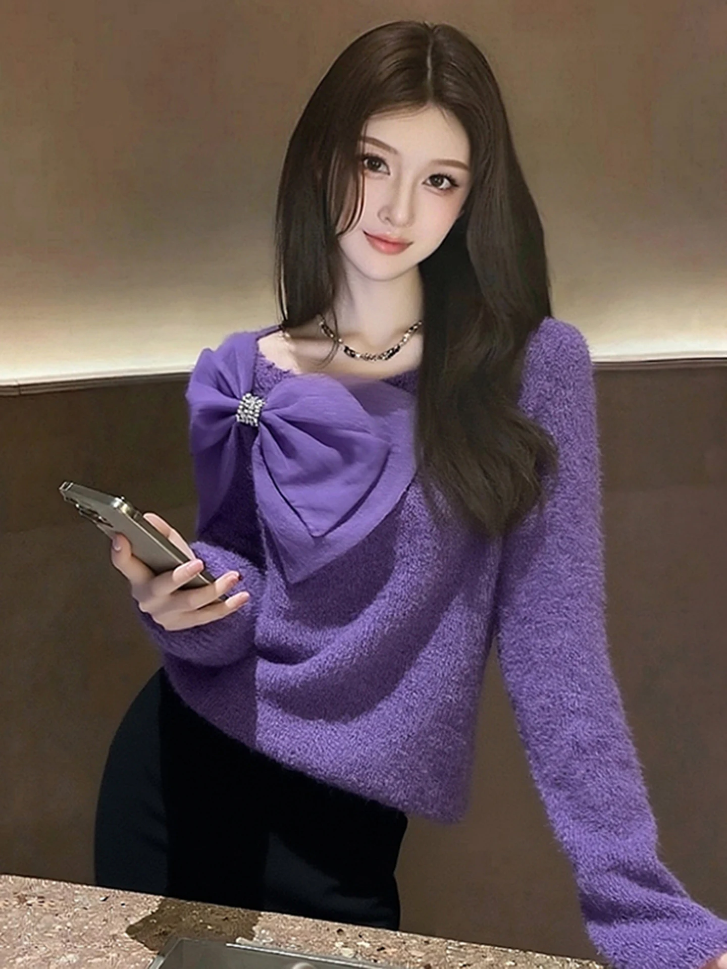 

Korean Sle round Ne Knitted Sweater Women's Autumn Winter Long Sve Knot Top Lazy Sle High End Feeling