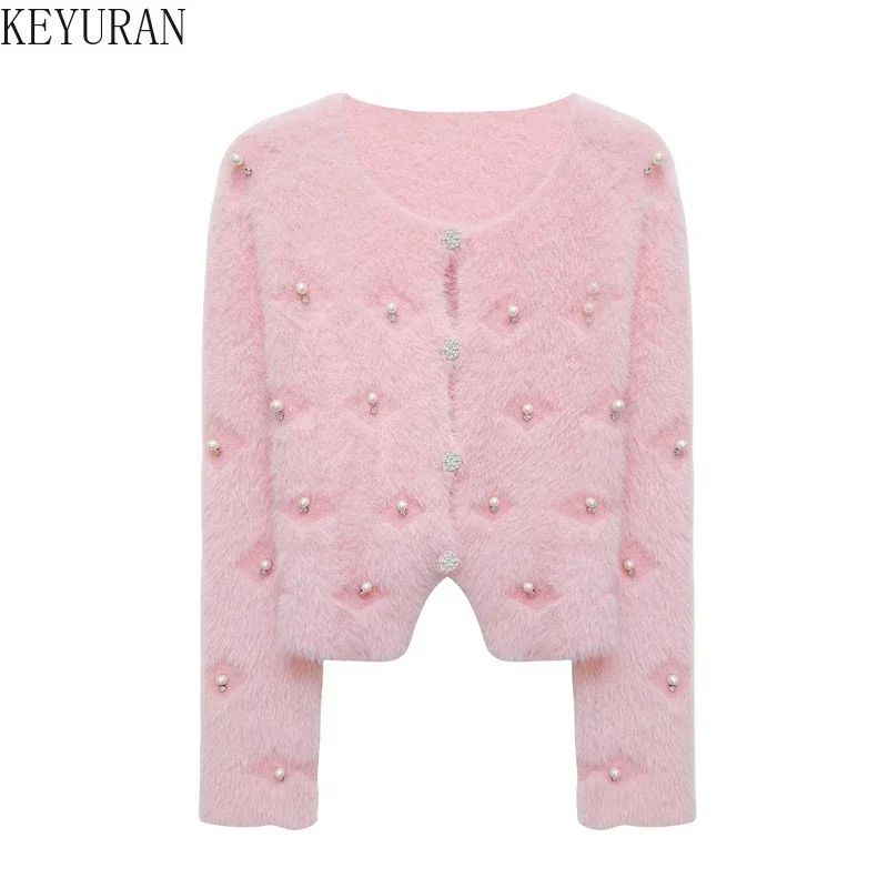 Pink Peals Diamonds Beading Mink Cashmere Sweater Jackets Women\'s Autumn Winter Sweet Long Sleeve Knitted Cropped Cardigan Coat