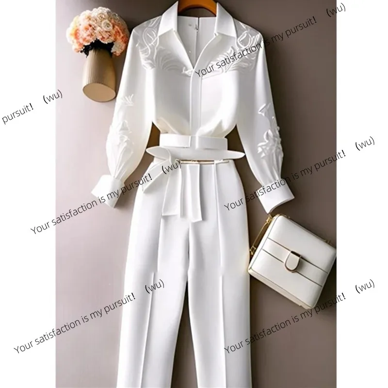 

White Trousers 2 Pieces Loose Pants Suit Womens Two Peice Sets Vintage Long Sleeve Shirt Autumn Blouse Sleeve Korean Top 691