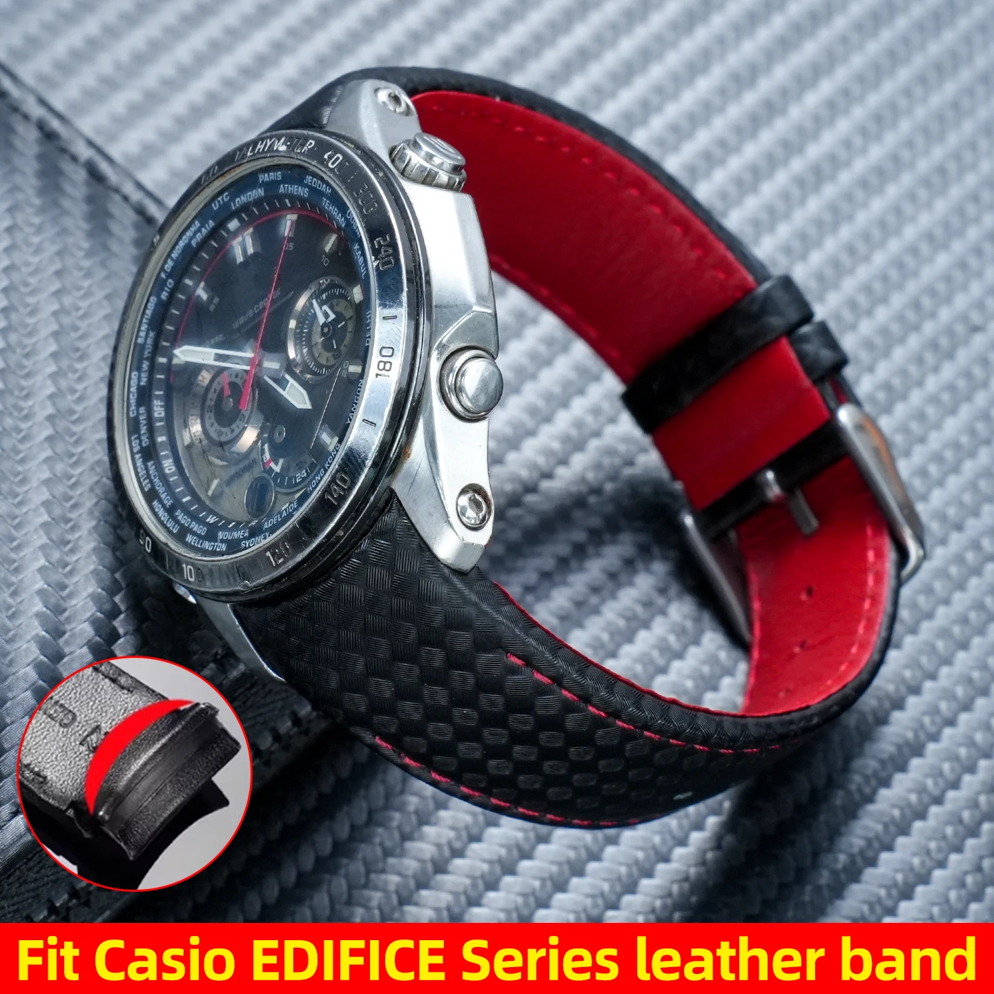 

Для часов Casio Edfice серии EQS-500C/EQW-M600/EQW-M1000L/M710L: изогнутый ремешок из натуральной кожи с узором под карбон.