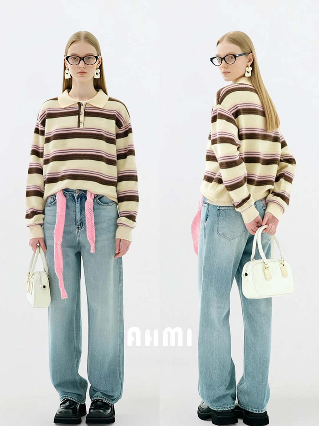 

Женский мягкий вязаный свитер AHMI с воротником и полосатым узором: зимний, модный, винтажный, теплый, комфортный, повседневный