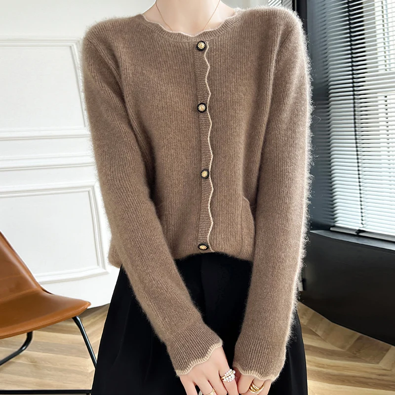 Модный женский 100% меринос, новый воротник с рюшами и пуговицами, вязаный искусственный кардиган, свитер, пуловер с длинными рукавами, кашемировая мягкая одежда, топ