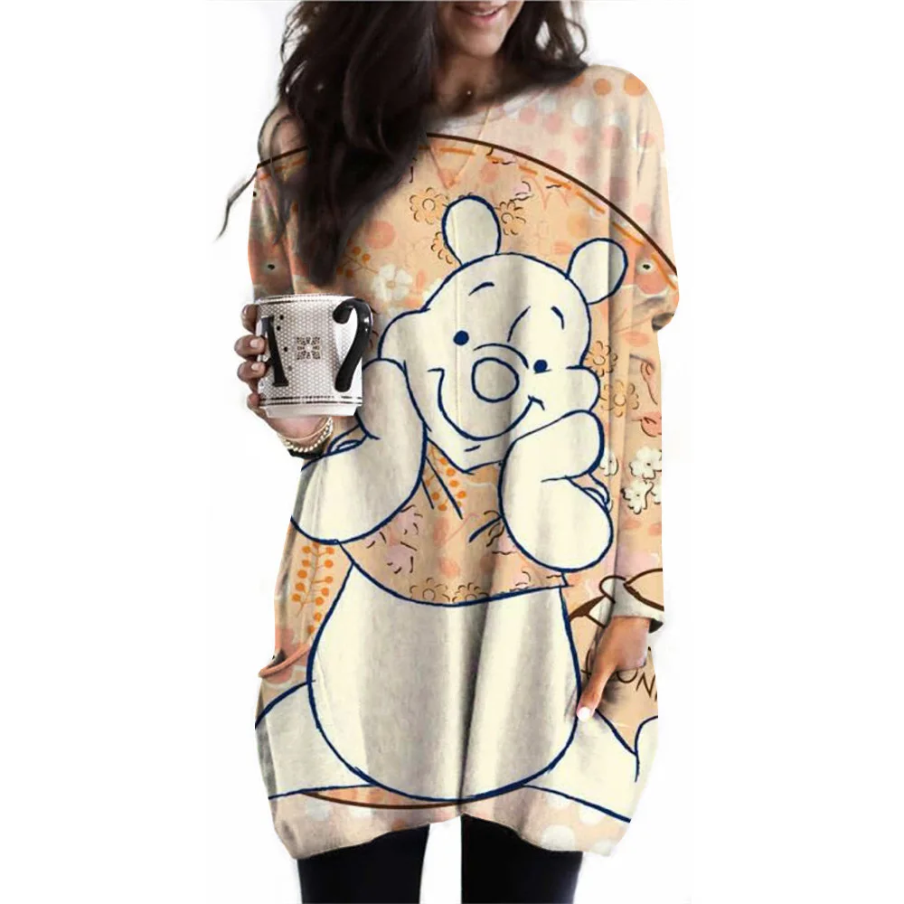 Women\'s T-shirt Disney Winnie the Pooh printed long sleeved top for autumn daily loose long sleeved pocket pullover for women\'s