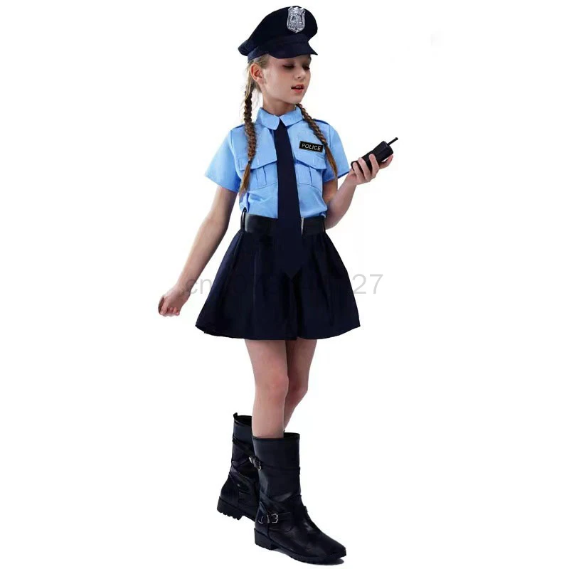 5Pcs Kids Police Uniform Carnival Girls Dress Children Policeman Stage Party Cosplay Costume Hat Tie Belt Handcuffs Outfits Set