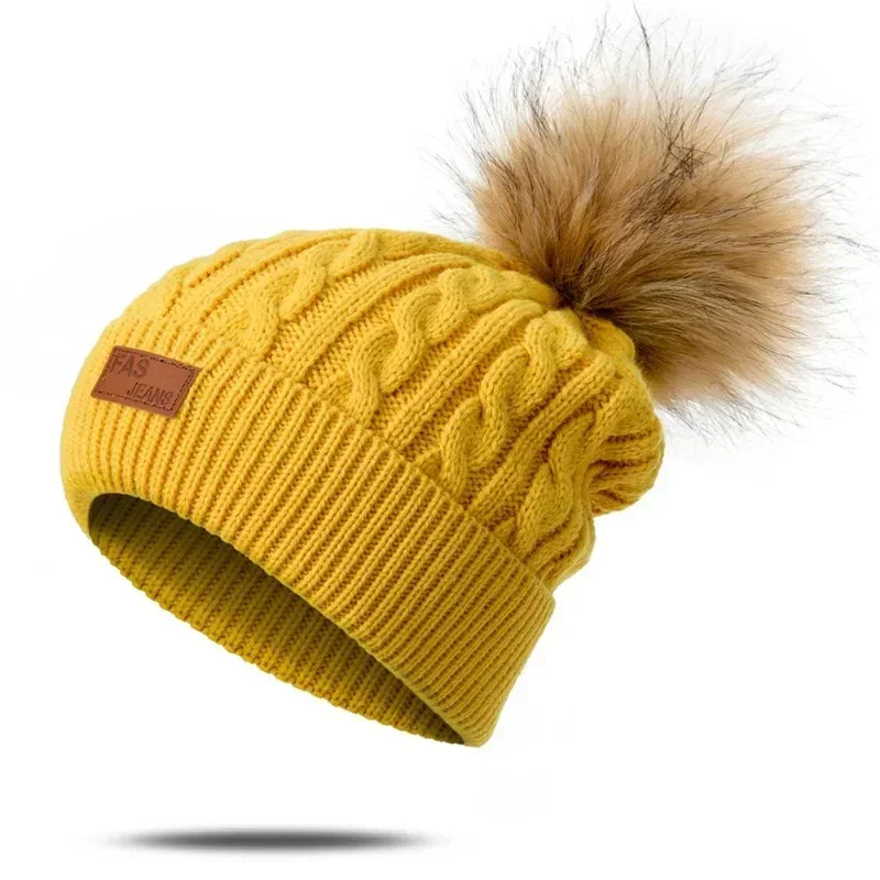 Women Winter Beanies Hat Thick Knitted Beanie Hats Pompom for Girls Kids Female Skullcap Parent-child 1-3 Years Old Cap