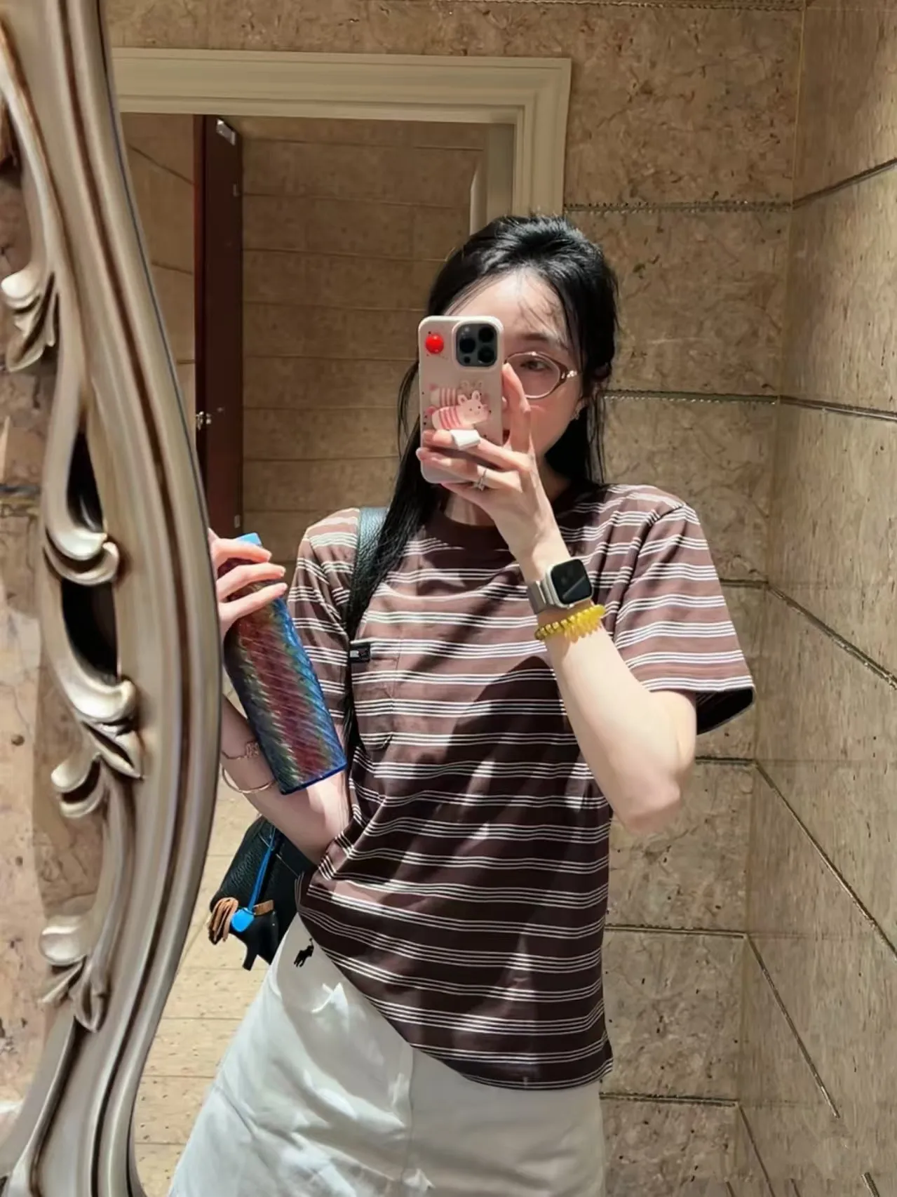 

Loose Casual Striped round Neck Short Sleeve T-Shirt Women's Spring Summer New Fashion Color Block Cotton Top