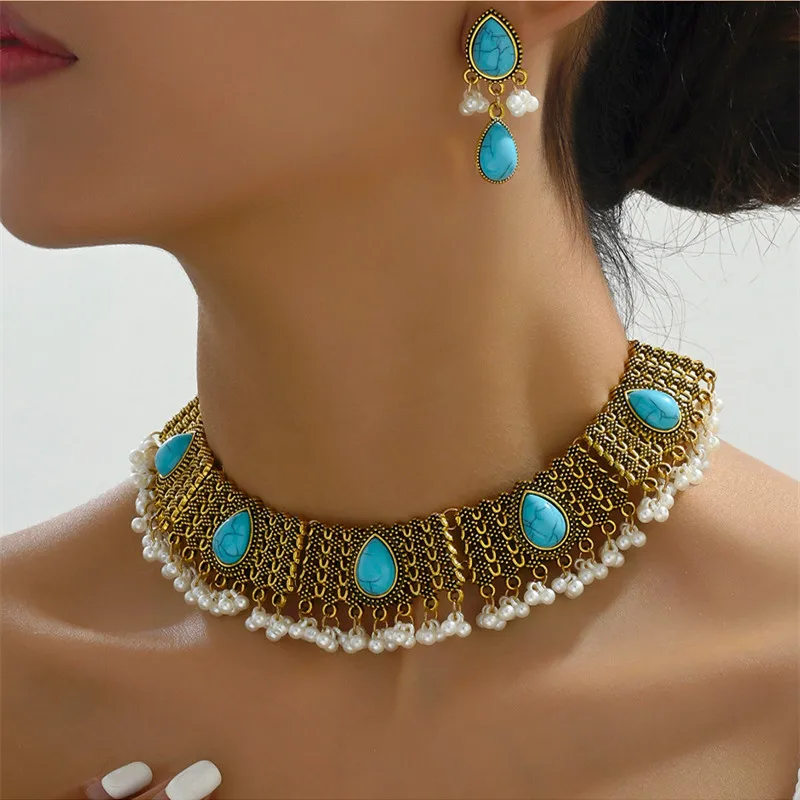 Turquoise Stone Chunky Necklace Earrings For Women Vintage Simulated Pearl Decoration Jewelry Set