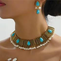 Turquoise Stone Chunky Necklace Earrings For Women Vintage Simulated Pearl Decoration Jewelry Set